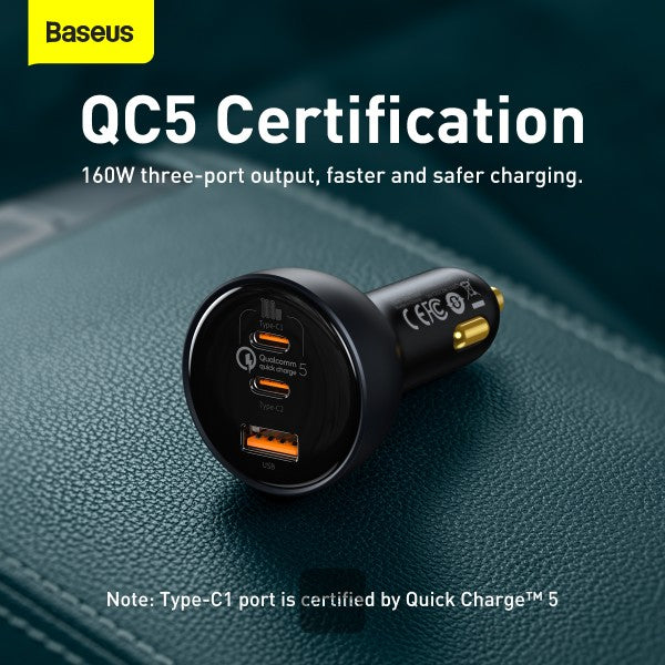 Baseus Qualcomm® Quick Charge™ 5 Technology Multi-Port Fast Charge Car Charger C+C+U 160W set Gray(with Baseus Xiaobai series fast charging Cable Type-C to Type-C 100W (20V/5A) 1m Black)