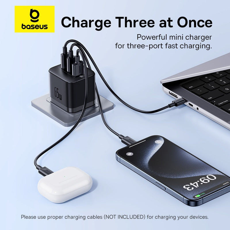 Baseus 65W 3-Port Palm Fast Charger 2C+U PD UK Compact Travel Charger Fast Charging For Phone Laptop Support PD3.0 QC3.0 Other Fast Charging Protocols