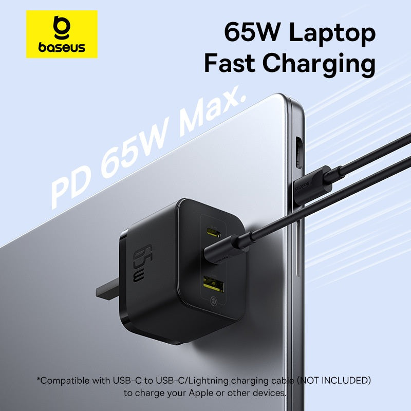 Baseus 65W 3-Port Palm Fast Charger 2C+U PD UK Compact Travel Charger Fast Charging For Phone Laptop Support PD3.0 QC3.0 Other Fast Charging Protocols