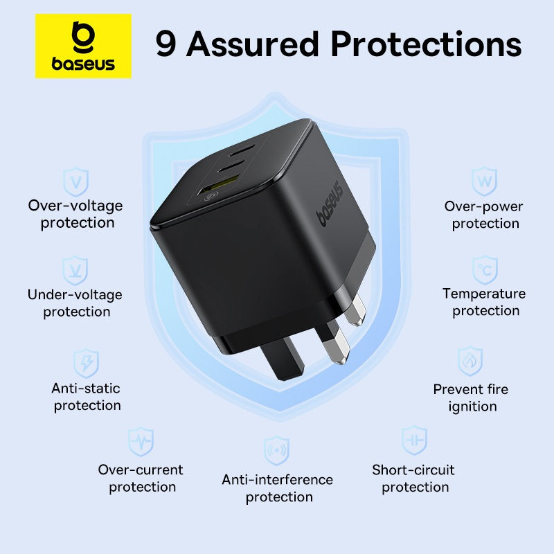 Baseus 65W 3-Port Palm Fast Charger 2C+U PD UK Compact Travel Charger Fast Charging For Phone Laptop Support PD3.0 QC3.0 Other Fast Charging Protocols
