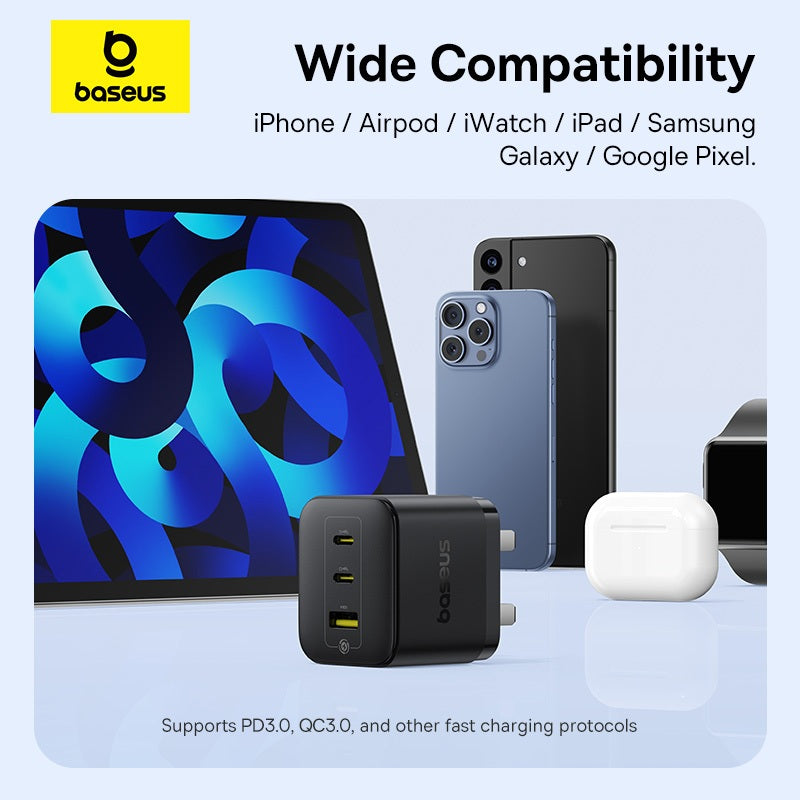 Baseus 65W 3-Port Palm Fast Charger 2C+U PD UK Compact Travel Charger Fast Charging For Phone Laptop Support PD3.0 QC3.0 Other Fast Charging Protocols