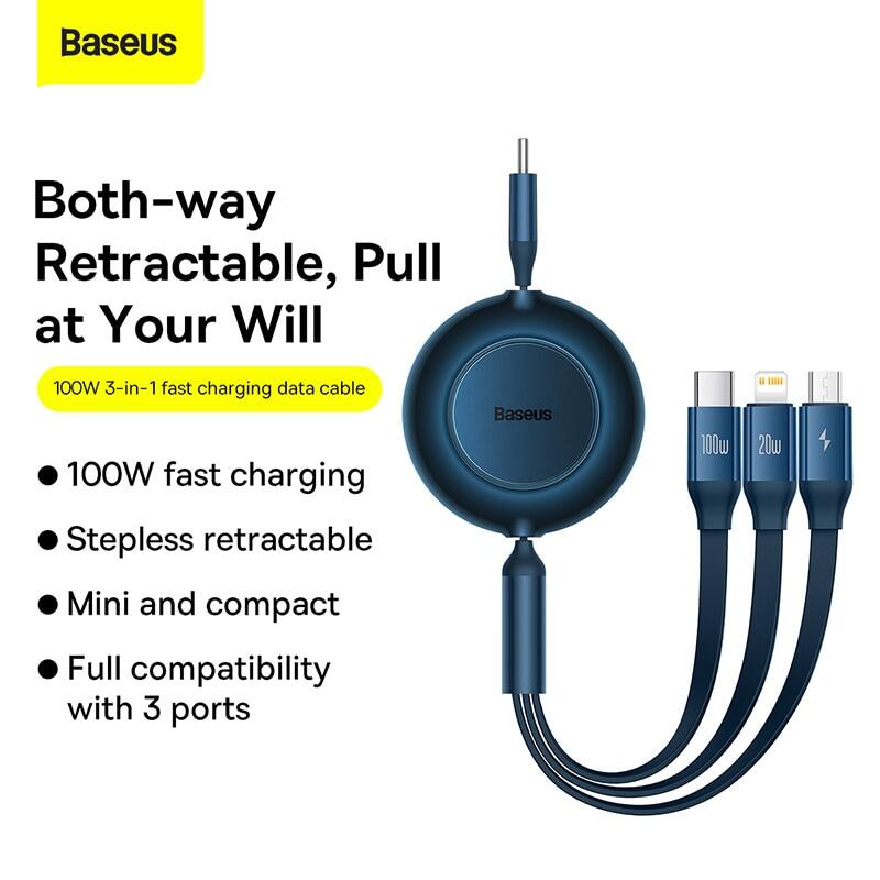 Baseus 3 in 1 Retractable 100W Fast Charging Data Cable For iPhone 14 Pro Max 13 12 11 X XR iPad Type C to Lightning Micro USB C Cable for Samsung S23 S22 Xiaomi Fast Charger Cable
