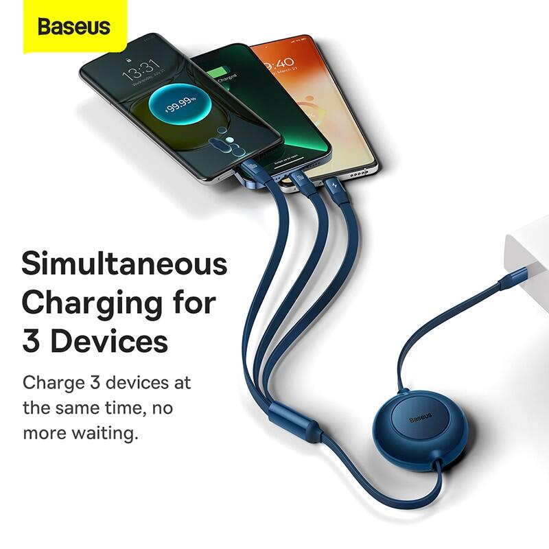 Baseus 3 in 1 Retractable 100W Fast Charging Data Cable For iPhone 14 Pro Max 13 12 11 X XR iPad Type C to Lightning Micro USB C Cable for Samsung S23 S22 Xiaomi Fast Charger Cable