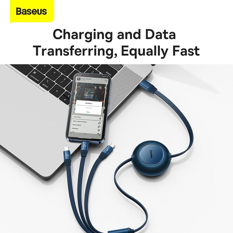 Baseus 3 in 1 Retractable 100W Fast Charging Data Cable For iPhone 14 Pro Max 13 12 11 X XR iPad Type C to Lightning Micro USB C Cable for Samsung S23 S22 Xiaomi Fast Charger Cable