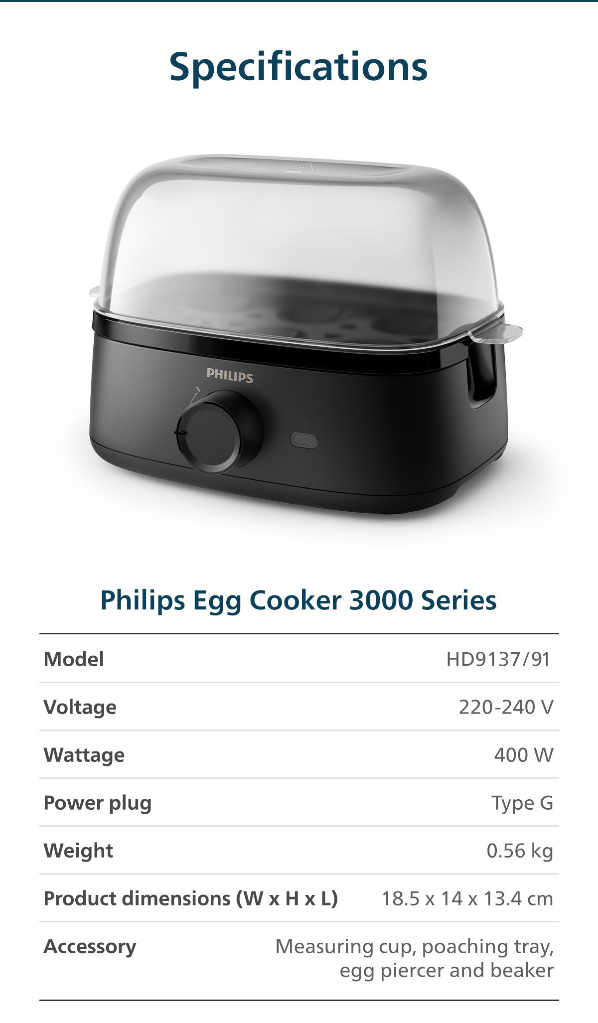 PHILIPS Electric Egg Cooker 3000 Series HD9137/91