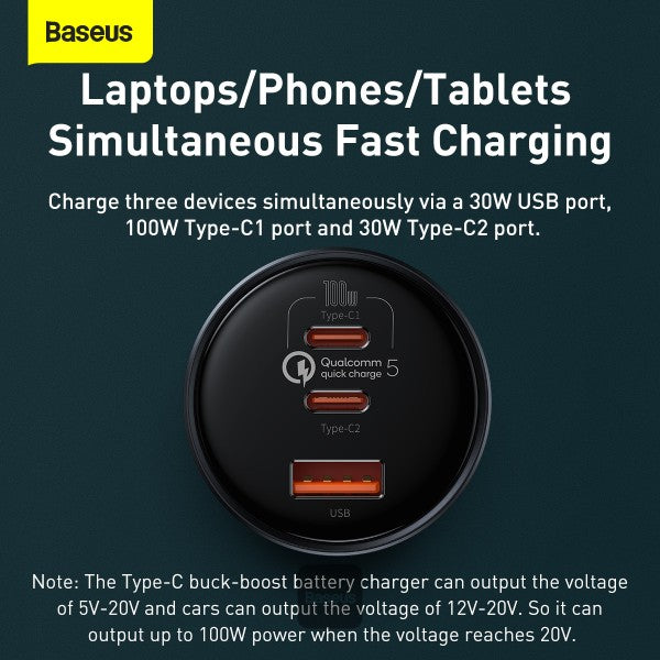 Baseus Qualcomm® Quick Charge™ 5 Technology Multi-Port Fast Charge Car Charger C+C+U 160W set Gray(with Baseus Xiaobai series fast charging Cable Type-C to Type-C 100W (20V/5A) 1m Black)
