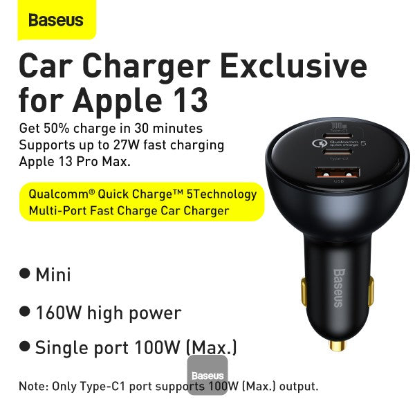 Baseus Qualcomm® Quick Charge™ 5 Technology Multi-Port Fast Charge Car Charger C+C+U 160W set Gray(with Baseus Xiaobai series fast charging Cable Type-C to Type-C 100W (20V/5A) 1m Black)