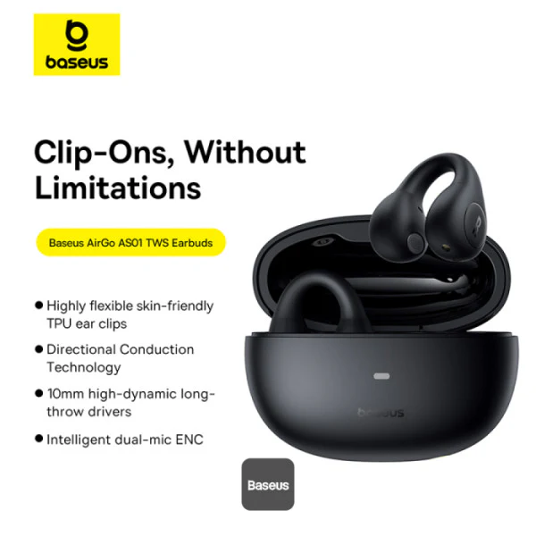 Baseus AirGo AS01 Clip On Open-Ear Bluetooth Wireless Earbuds With Dual ENC Mics Ultra-Lightweight Earphone