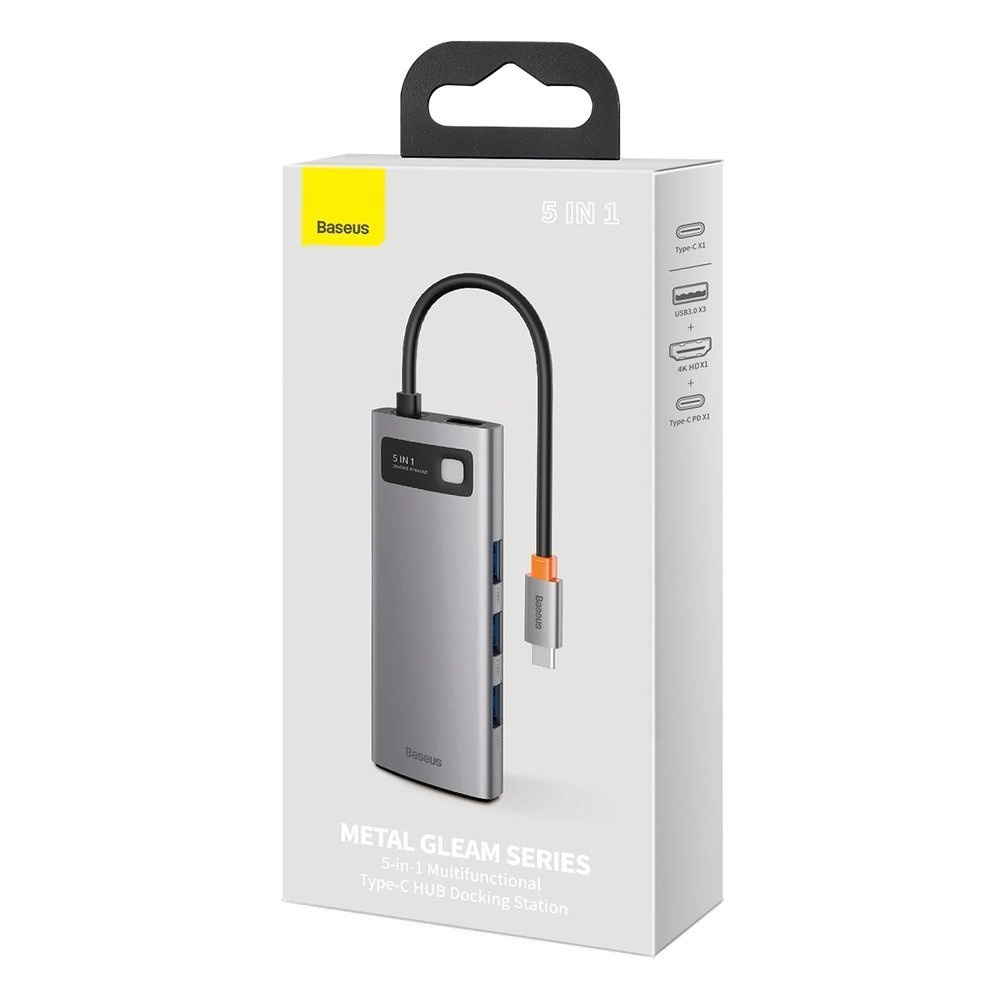 Baseus Metal Gleam Series 5-in-1 Multifunctional Type-C HUB Docking Station Gray(Type-C to HDMI*1+USB3.0*3+PD*1)