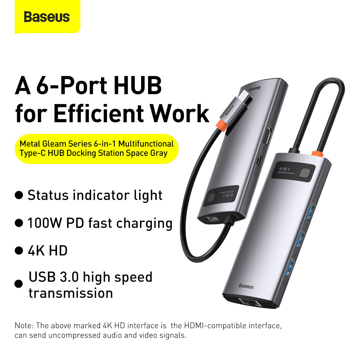 Baseus Metal Gleam Series 6-in-1 Multifunctional Type-C HUB Docking Station Gray(Type-C to HDMI*1+USB3.0*3+PD*1+RJ45*1)
