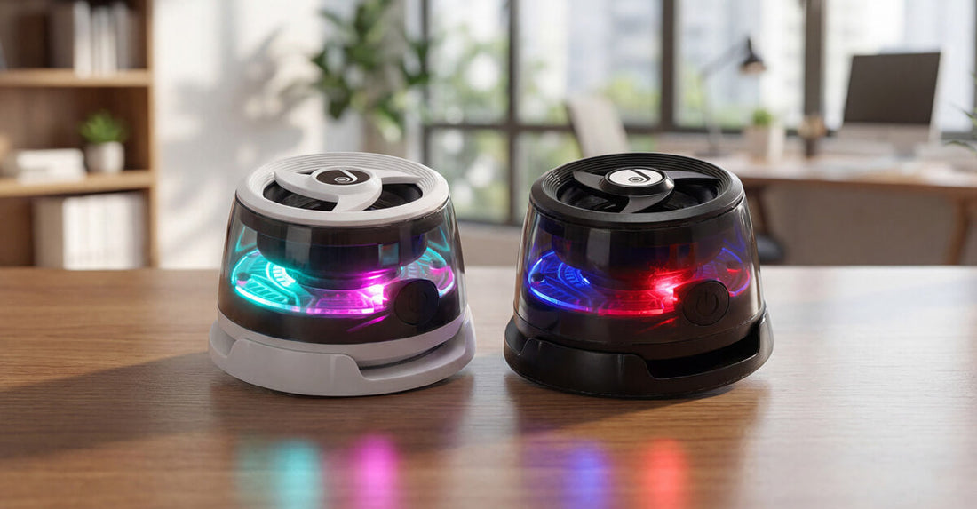 Just Corseca Super Bunny MagSafe Bluetooth Speaker in black and white, compact desk-friendly portable speakers with LED lighting
