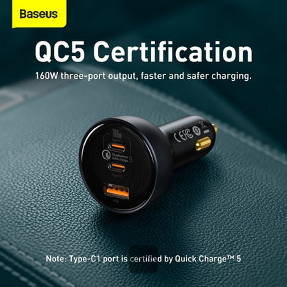 Baseus Qualcomm® Quick Charge™ 5 Technology Multi-Port Fast Charge Car Charger C+C+U 160W set Gray（with Baseus Xiaobai series fast charging Cable Type-C to Type-C 100W (20V/5A) 1m Black）