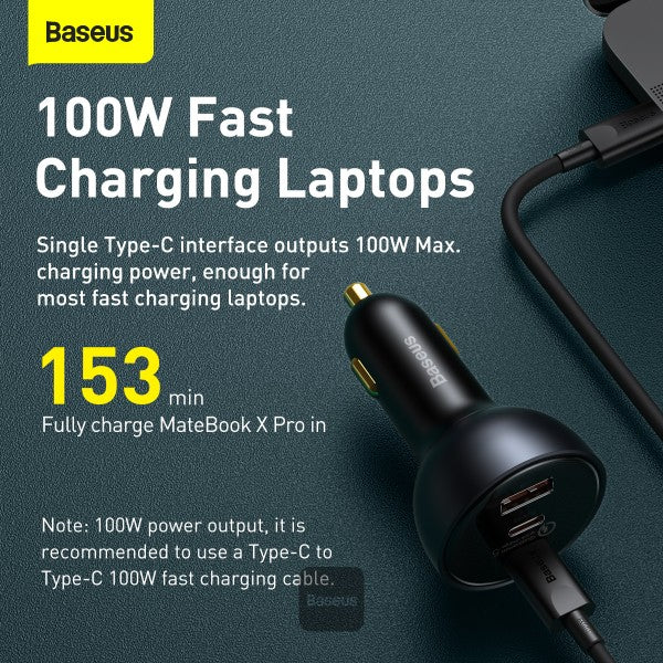 Baseus Qualcomm® Quick Charge™ 5 Technology Multi-Port Fast Charge Car Charger C+C+U 160W set Gray（with Baseus Xiaobai series fast charging Cable Type-C to Type-C 100W (20V/5A) 1m Black）