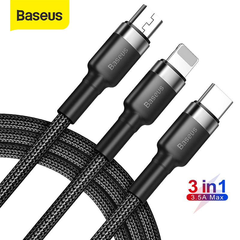 Baseus 3 in 1 USB Cable For iPhone 14 13 12 11 XR X Xs Max Multi Fast Charging USB Type C Cable For HuaWei Mate 40 Samsung S20 S10 Xiaomi Vivo Micro USB Data Cable