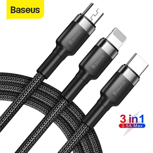 Baseus 3 in 1 USB Cable For iPhone 14 13 12 11 XR X Xs Max Multi Fast Charging USB Type C Cable For HuaWei Mate 40 Samsung S20 S10 Xiaomi Vivo Micro USB Data Cable