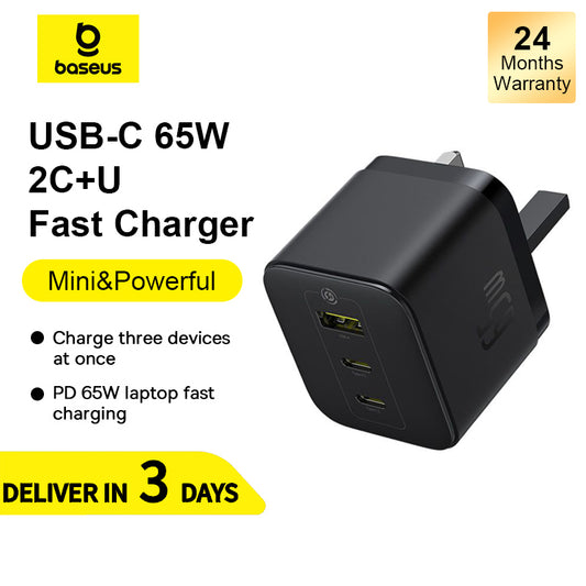 Baseus 65W 3-Port Palm Fast Charger 2C+U PD UK Compact Travel Charger Fast Charging For Phone Laptop Support PD3.0 QC3.0 Other Fast Charging Protocols