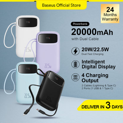 Baseus Power Bank 20000mAh/10000mAh PD 22.5W 20W Fast Charging Powerbank Dual-Cable Digital Display 4 Ports