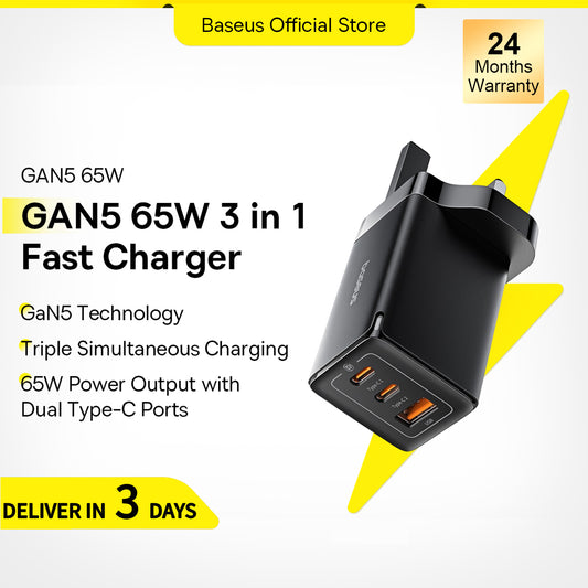 Baseus 65W GaN5 Pro Fast Charger PD3.0 QC4.0 USB C Quick Charger 3 Type C 1 USB A Charger For iPhone 14 13 Pro Max 12 11 Laptop Sumsung Huawei Tablet【Free 1M Type-C Cable】