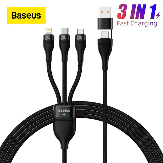 Baseus 100W 3 in 2 Charging Cable USB+USB-C to M+L+C 5A Type-C Super-Fast Charge for Huawei PD 20W 18W Quick charge for iphone 14 13 12 11