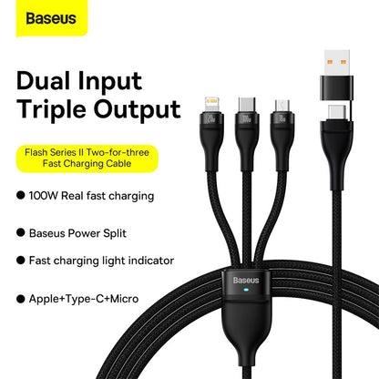 Baseus 100W 3 in 2 Charging Cable USB+USB-C to M+L+C 5A Type-C Super-Fast Charge for Huawei PD 20W 18W Quick charge for iphone 14 13 12 11