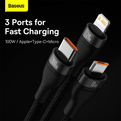 Baseus 100W 3 in 2 Charging Cable USB+USB-C to M+L+C 5A Type-C Super-Fast Charge for Huawei PD 20W 18W Quick charge for iphone 14 13 12 11