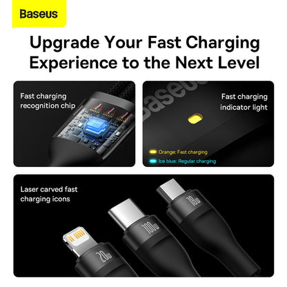 Baseus 100W 3 in 2 Charging Cable USB+USB-C to M+L+C 5A Type-C Super-Fast Charge for Huawei PD 20W 18W Quick charge for iphone 14 13 12 11