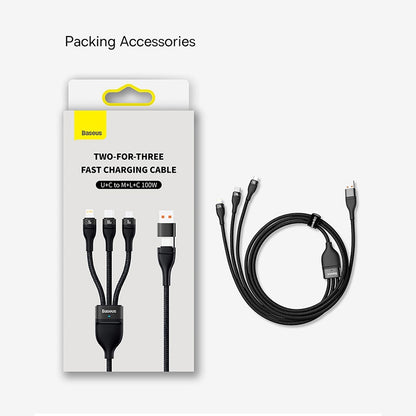 Baseus 100W 3 in 2 Charging Cable USB+USB-C to M+L+C 5A Type-C Super-Fast Charge for Huawei PD 20W 18W Quick charge for iphone 14 13 12 11