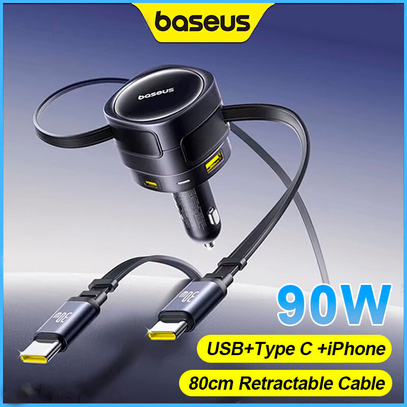 Baseus 90W Car Charger USB Type-C Dual 80cm Retractable Cable PD QC SCP AFC PPS Fast Charging For Tablet iPhone Samsung Huawei Xiaomi