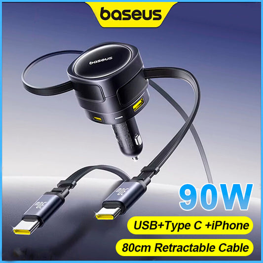Baseus 90W Car Charger USB Type-C Dual 80cm Retractable Cable PD QC SCP AFC PPS Fast Charging For Tablet iPhone Samsung Huawei Xiaomi