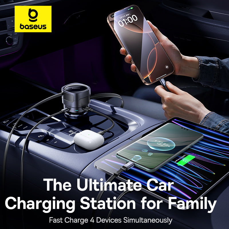 Baseus 90W Car Charger USB Type-C Dual 80cm Retractable Cable PD QC SCP AFC PPS Fast Charging For Tablet iPhone Samsung Huawei Xiaomi