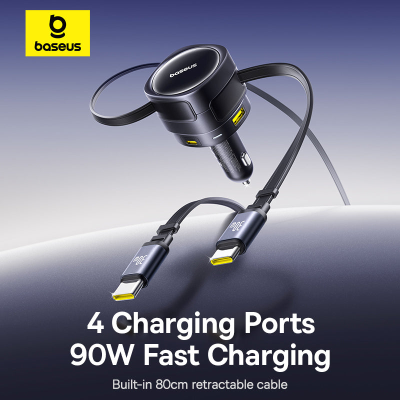 Baseus 90W Car Charger USB Type-C Dual 80cm Retractable Cable PD QC SCP AFC PPS Fast Charging For Tablet iPhone Samsung Huawei Xiaomi