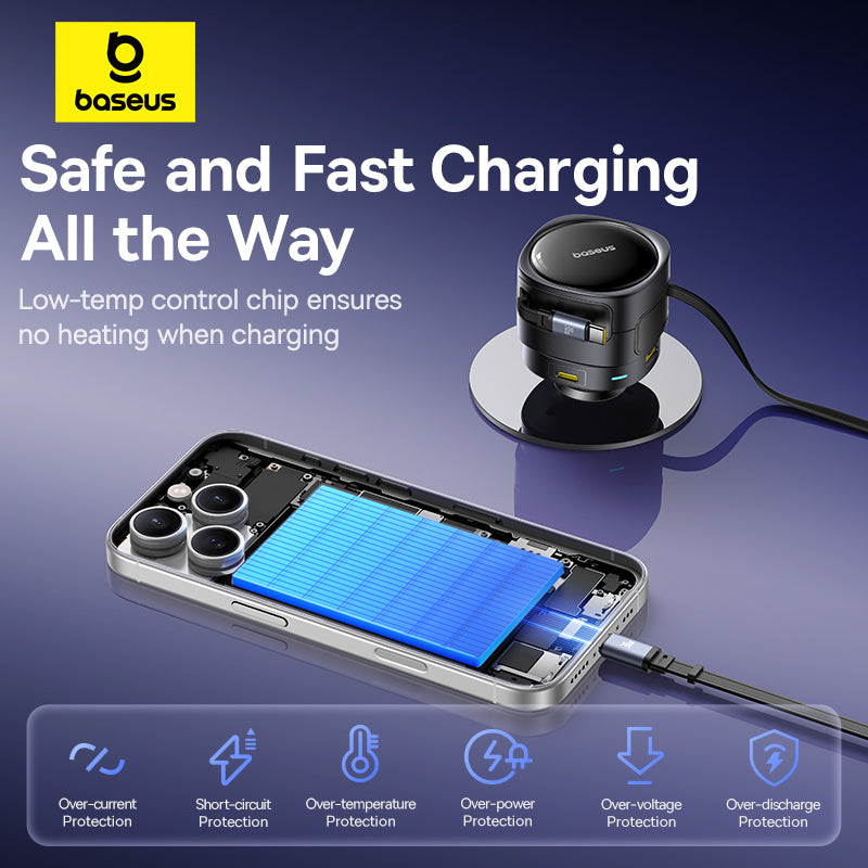 Baseus 90W Car Charger USB Type-C Dual 80cm Retractable Cable PD QC SCP AFC PPS Fast Charging For Tablet iPhone Samsung Huawei Xiaomi