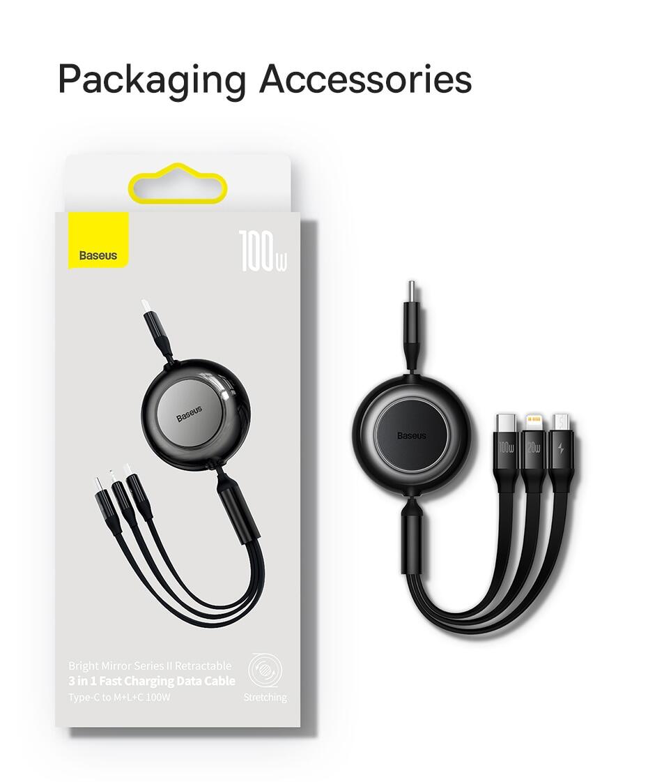 Baseus 3 in 1 Retractable 100W Fast Charging Data Cable For iPhone 14 Pro Max 13 12 11 X XR iPad Type C to Lightning Micro USB C Cable for Samsung S23 S22 Xiaomi Fast Charger Cable