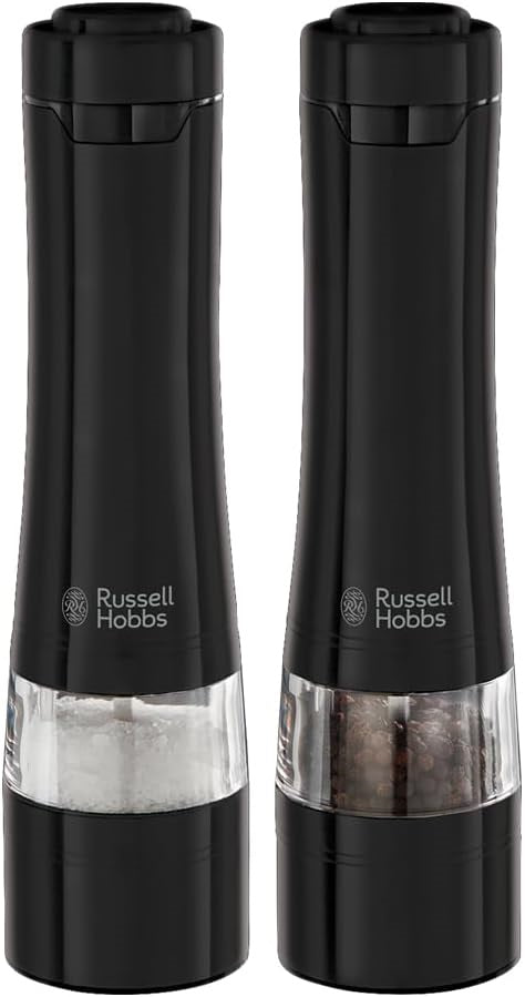 Russell Hobbs Black Salt & Pepper Grinders | Electric Ceramic Grinder | Fine & Coarse Settings | Stylish Black Stainless Steel