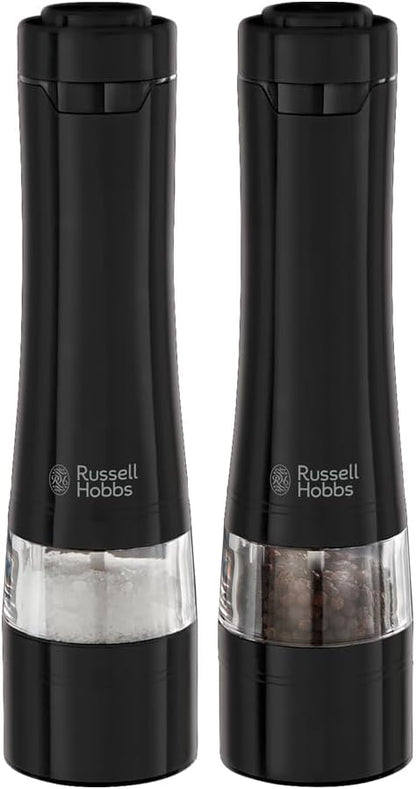 Russell Hobbs Black Salt & Pepper Grinders | Electric Ceramic Grinder | Fine & Coarse Settings | Stylish Black Stainless Steel