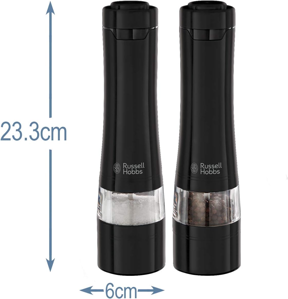 Russell Hobbs Black Salt & Pepper Grinders | Electric Ceramic Grinder | Fine & Coarse Settings | Stylish Black Stainless Steel