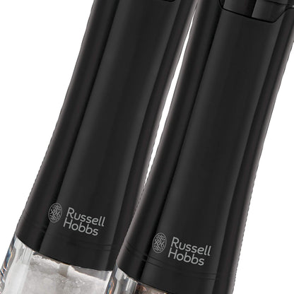 Russell Hobbs Black Salt & Pepper Grinders | Electric Ceramic Grinder | Fine & Coarse Settings | Stylish Black Stainless Steel