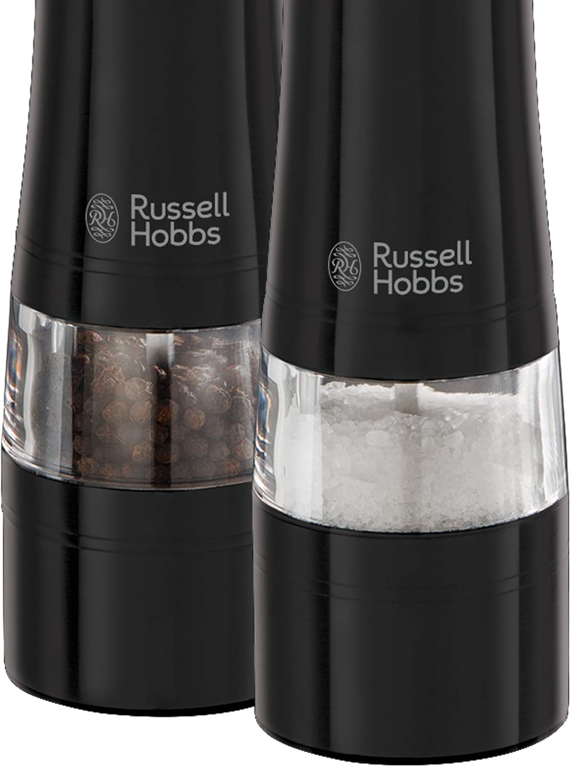 Russell Hobbs Black Salt & Pepper Grinders | Electric Ceramic Grinder | Fine & Coarse Settings | Stylish Black Stainless Steel