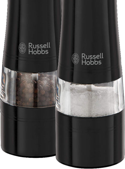 Russell Hobbs Black Salt & Pepper Grinders | Electric Ceramic Grinder | Fine & Coarse Settings | Stylish Black Stainless Steel