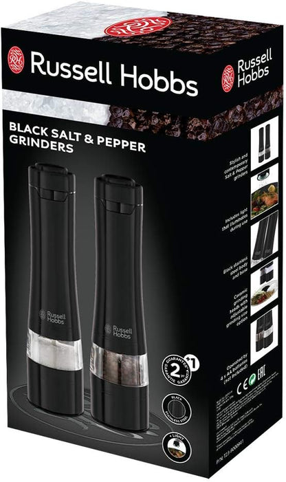 Russell Hobbs Black Salt & Pepper Grinders | Electric Ceramic Grinder | Fine & Coarse Settings | Stylish Black Stainless Steel