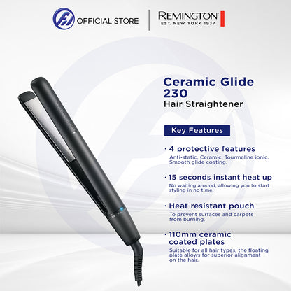 Remington S3700 Ceramic Glide 230 Hair Straightener | Ceramic Coated Plates | Floating Plates | Easy Storage