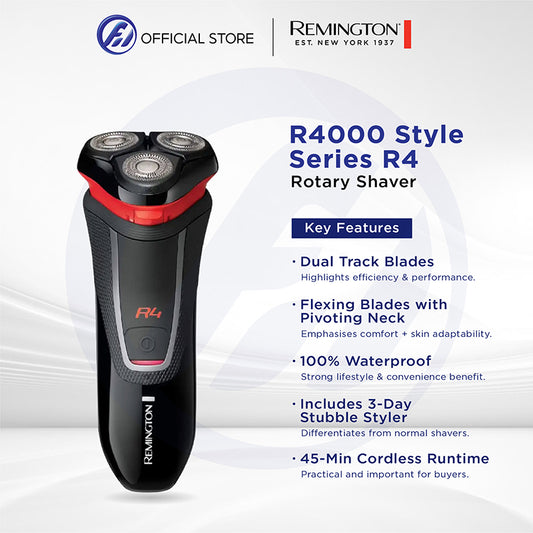 Remington R4000 Style Series R4 Electric Rotary Shaver | Dual Track Blades | Wet & Dry | Cordless