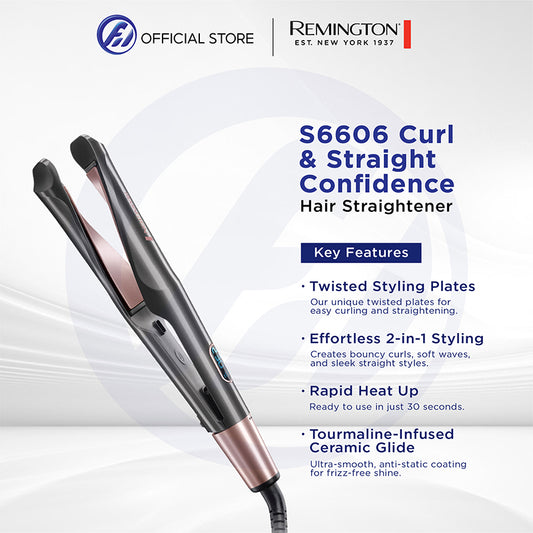 Remington S6606 Curl & Straight Confidence 2-in-1 Hair Styler | Twisted Ceramic Plates | Digital Temperature Control | Frizz-Free