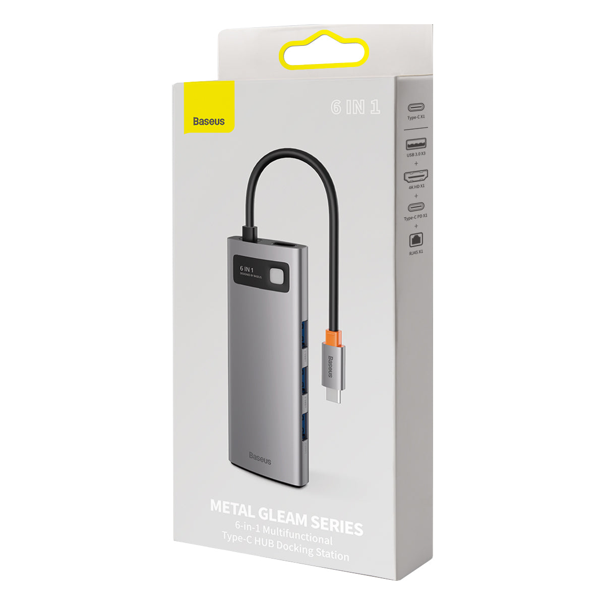 Baseus Metal Gleam Series 6-in-1 Multifunctional Type-C HUB Docking Station Gray（Type-C to HDMI*1+USB3.0*3+PD*1+RJ45*1)