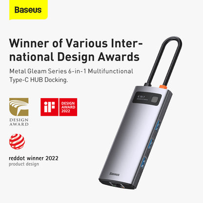 Baseus Metal Gleam Series 6-in-1 Multifunctional Type-C HUB Docking Station Gray（Type-C to HDMI*1+USB3.0*3+PD*1+RJ45*1)