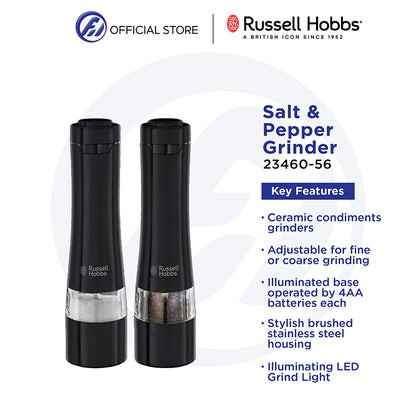 Russell Hobbs Black Salt & Pepper Grinders | Electric Ceramic Grinder | Fine & Coarse Settings | Stylish Black Stainless Steel