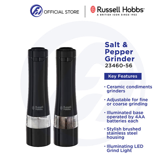 Russell Hobbs Black Salt & Pepper Grinders | Electric Ceramic Grinder | Fine & Coarse Settings | Stylish Black Stainless Steel
