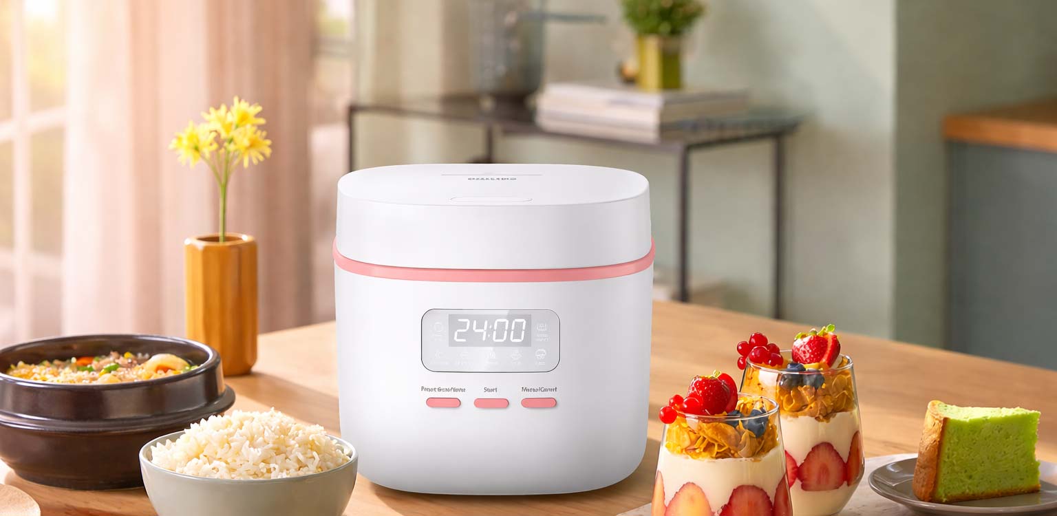 Philips Mini Rice Cooker 3000 Series HD3064 lifestyle image with cooked rice and dishes in modern kitchen