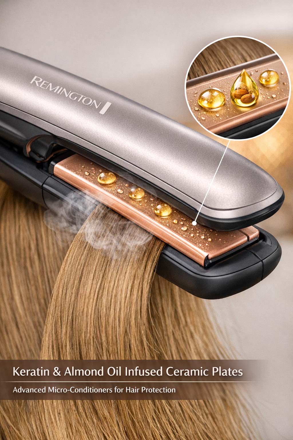 Close up of Remington S8540 advanced ceramic plates infused with Keratin and Almond Oil micro-conditioners for hair protection.
