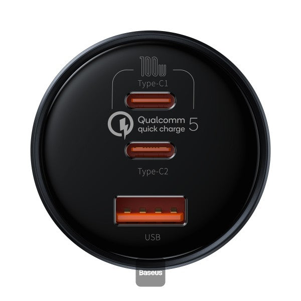 Baseus Qualcomm® Quick Charge™ 5 Technology Multi-Port Fast Charge Car Charger C+C+U 160W set Gray（with Baseus Xiaobai series fast charging Cable Type-C to Type-C 100W (20V/5A) 1m Black）